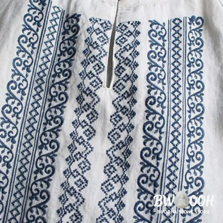 Buddha Stones Ethnic Embroidery Bohemian Pattern Long Sleeve Crew Neck Women’s Shirt - Women’s Shirts