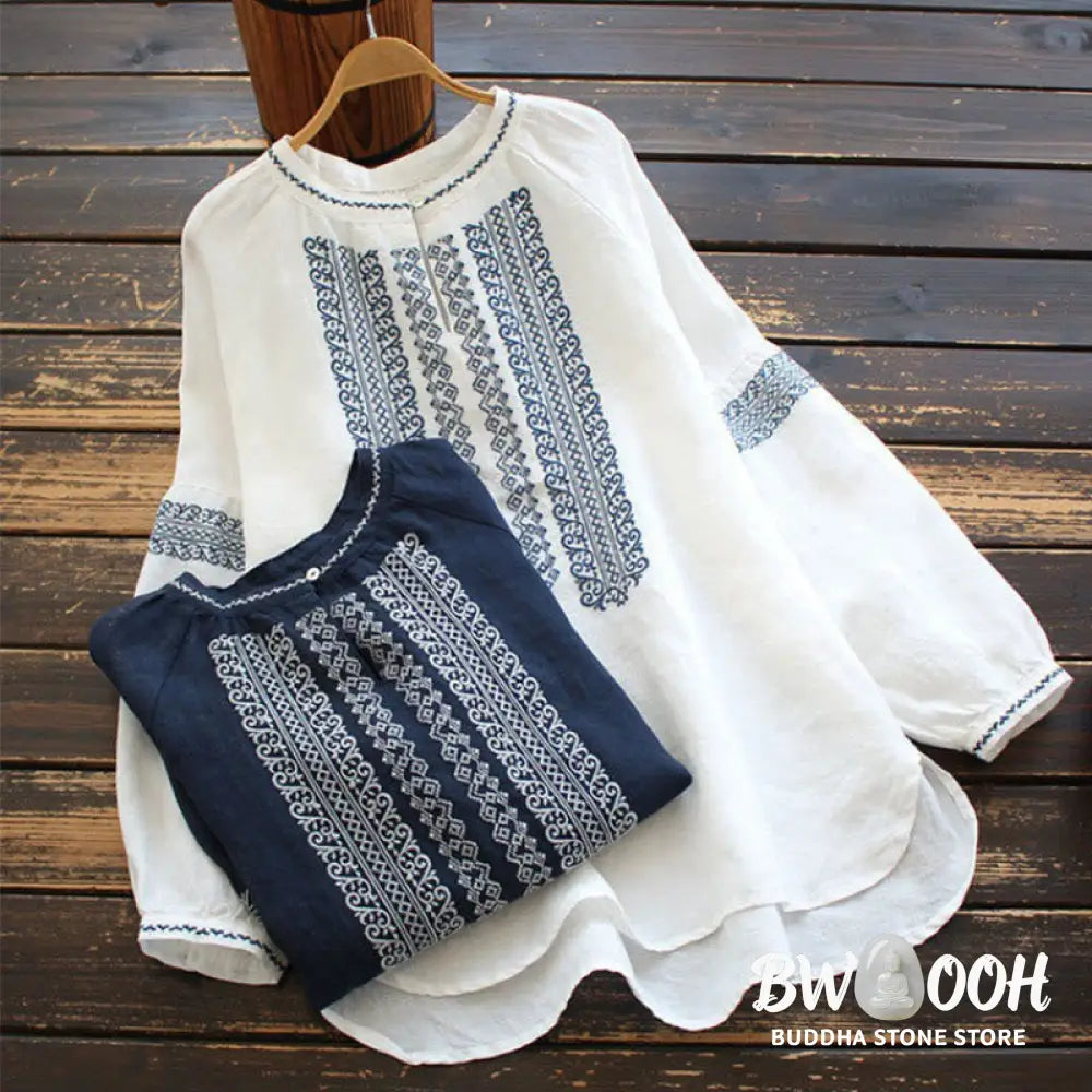 Buddha Stones Ethnic Embroidery Bohemian Pattern Long Sleeve Crew Neck Women’s Shirt - Women’s Shirts