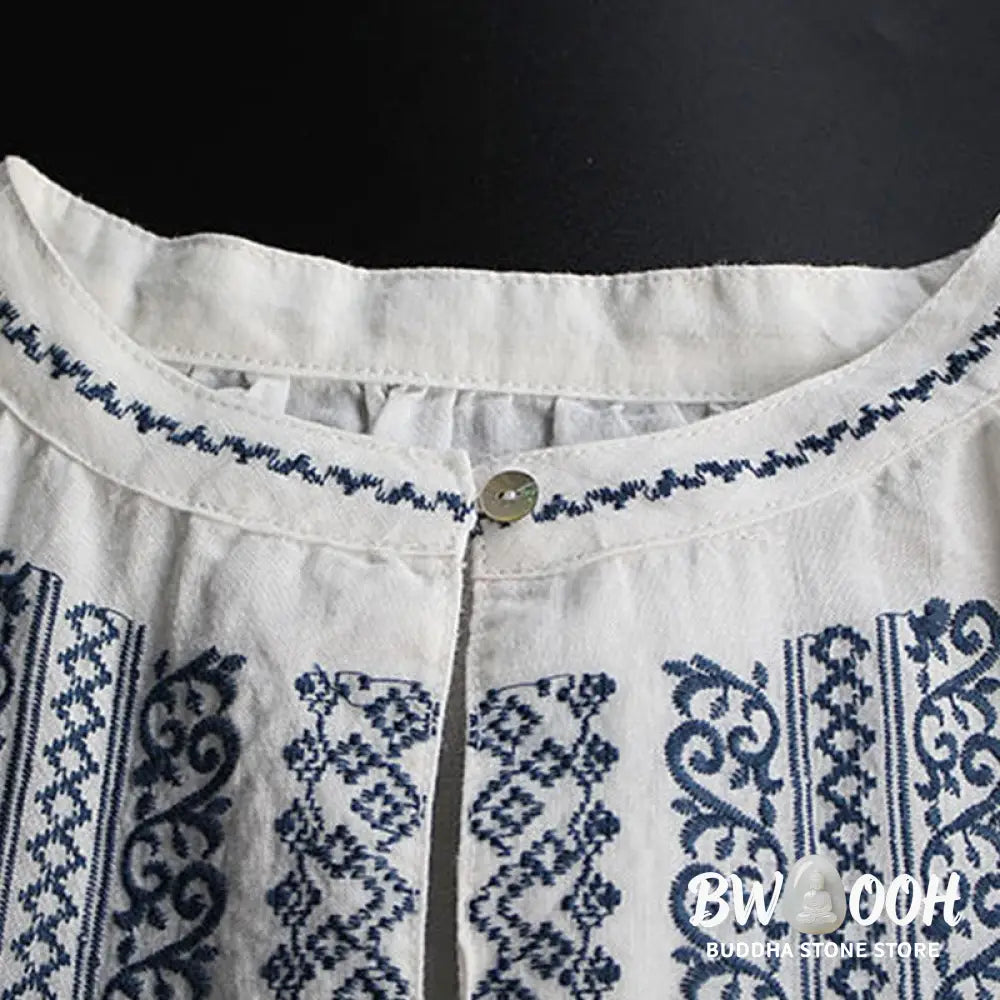 Buddha Stones Ethnic Embroidery Bohemian Pattern Long Sleeve Crew Neck Women’s Shirt - Women’s Shirts