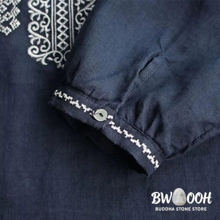 Buddha Stones Ethnic Embroidery Bohemian Pattern Long Sleeve Crew Neck Women’s Shirt - Women’s Shirts
