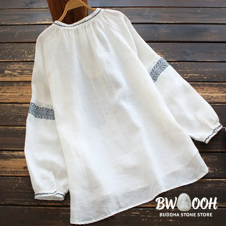 Buddha Stones Ethnic Embroidery Bohemian Pattern Long Sleeve Crew Neck Women’s Shirt - Women’s Shirts