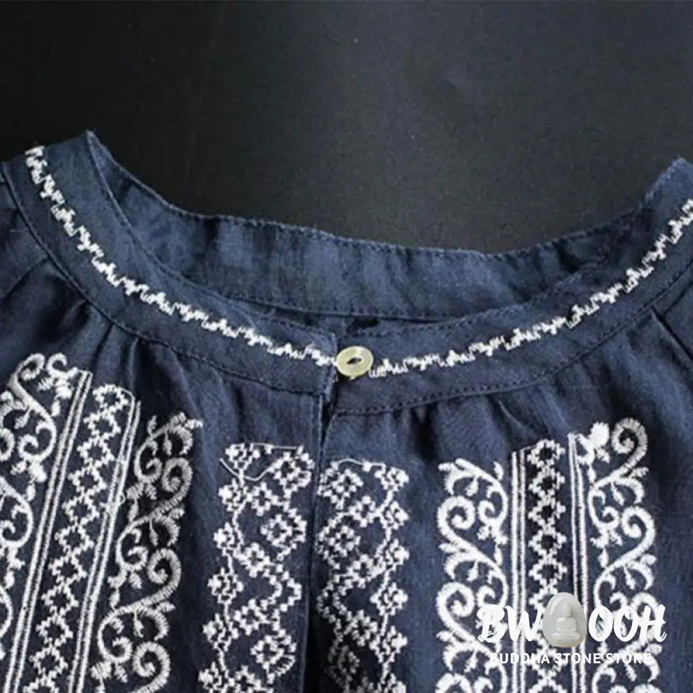 Buddha Stones Ethnic Embroidery Bohemian Pattern Long Sleeve Crew Neck Women’s Shirt - Women’s Shirts