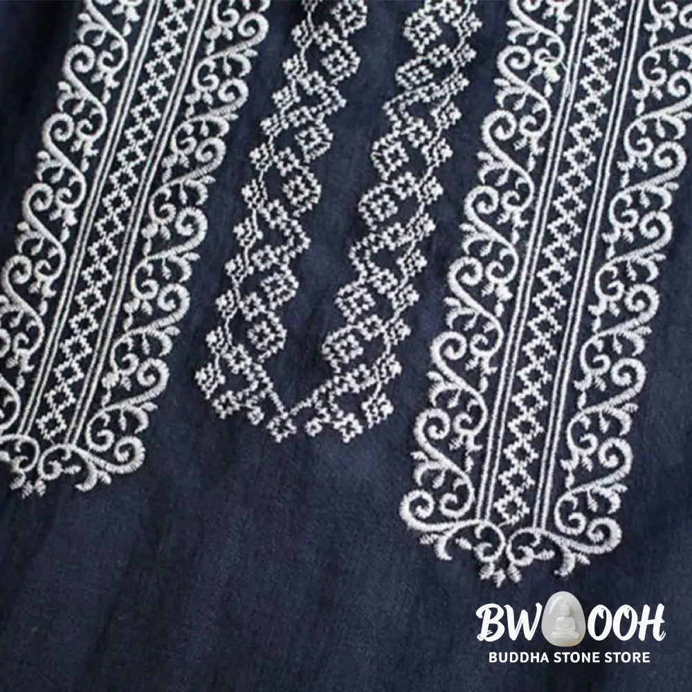 Buddha Stones Ethnic Embroidery Bohemian Pattern Long Sleeve Crew Neck Women’s Shirt - Women’s Shirts