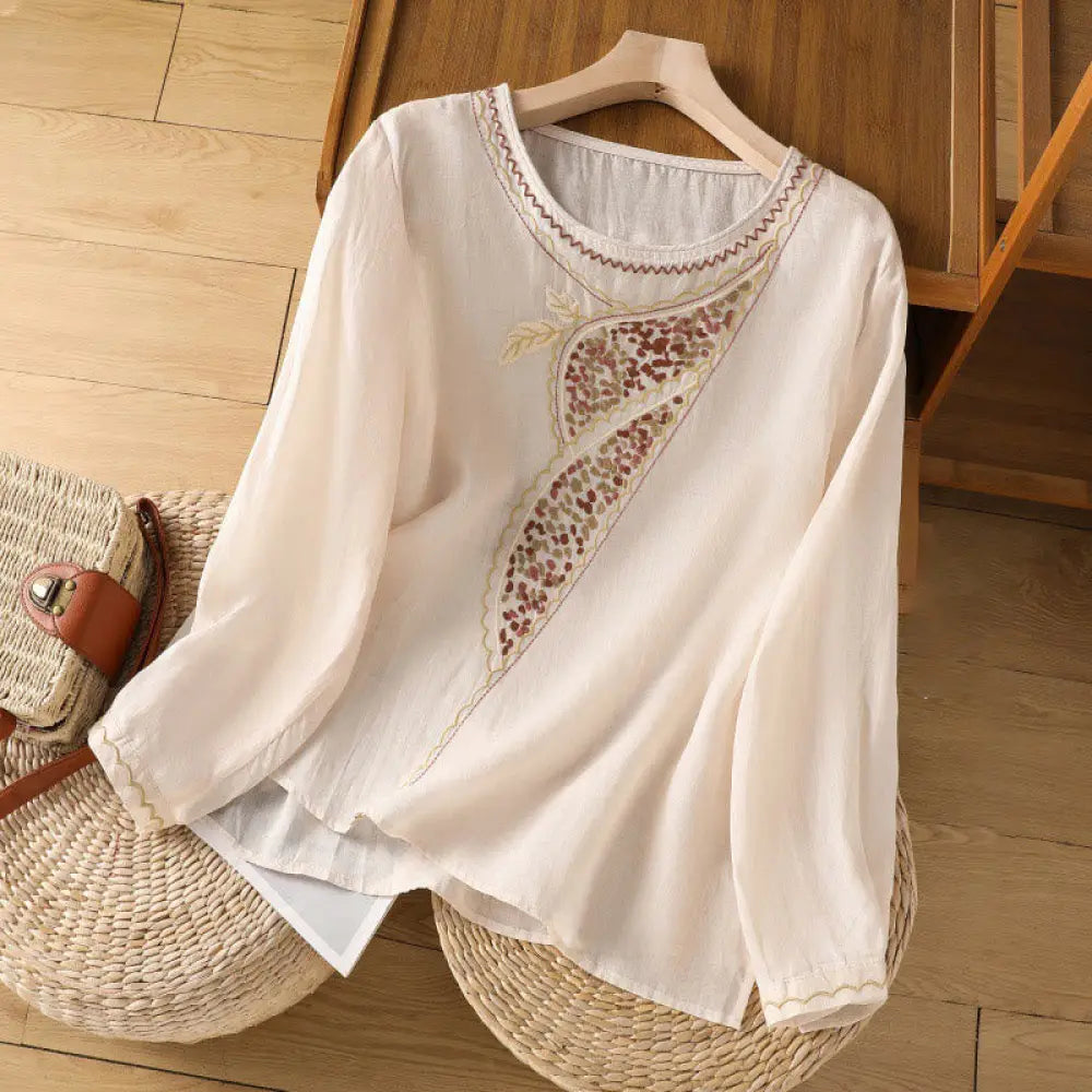 Buddha Stones Ethnic Embroidery Crew Neck Cotton Linen Pullover Clothing - Bisque / US2，UK/AU6，EU34 (M) - Women’s Shirts