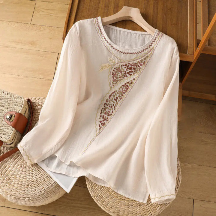 Buddha Stones Ethnic Embroidery Crew Neck Cotton Linen Pullover Clothing - Bisque / US2，UK/AU6，EU34 (M) - Women’s Shirts