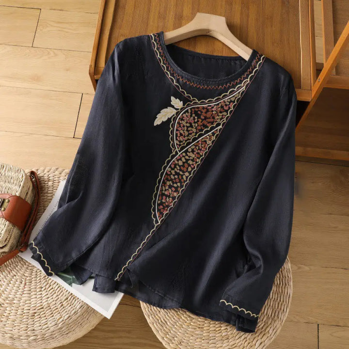Buddha Stones Ethnic Embroidery Crew Neck Cotton Linen Pullover Clothing - MidnightBlue / US2，UK/AU6，EU34 (M) - Women’s