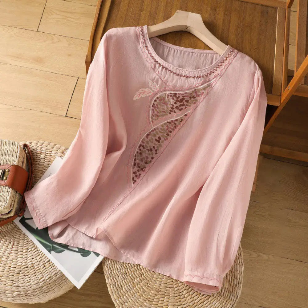 Buddha Stones Ethnic Embroidery Crew Neck Cotton Linen Pullover Clothing - Pink / US2，UK/AU6，EU34 (M) - Women’s Shirts