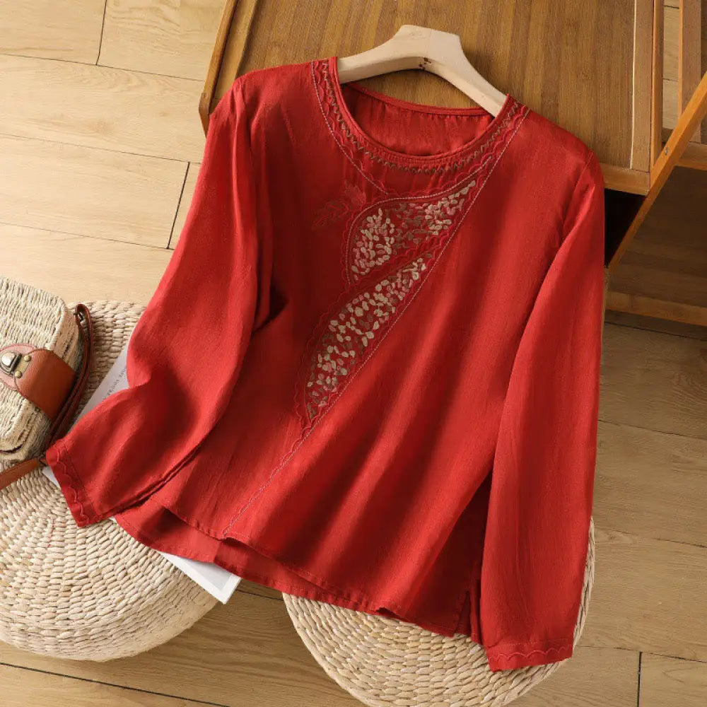 Buddha Stones Ethnic Embroidery Crew Neck Cotton Linen Pullover Clothing - Red / US2，UK/AU6，EU34 (M) - Women’s Shirts