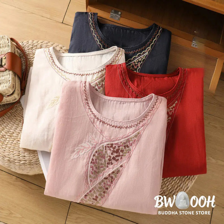 Buddha Stones Ethnic Embroidery Crew Neck Cotton Linen Pullover Clothing - Women’s Shirts