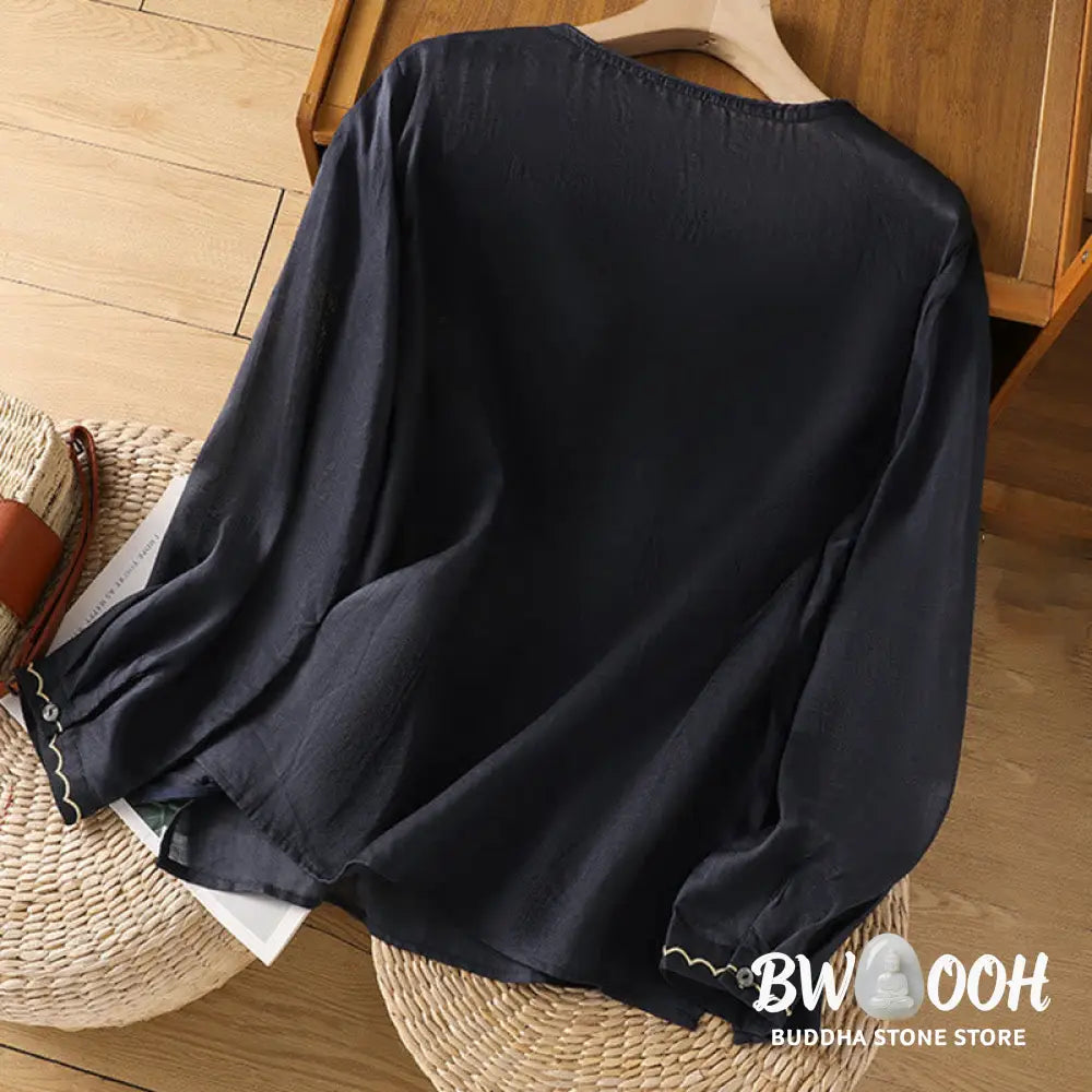 Buddha Stones Ethnic Embroidery Crew Neck Cotton Linen Pullover Clothing - Women’s Shirts