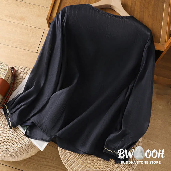 Buddha Stones Ethnic Embroidery Crew Neck Cotton Linen Pullover Clothing - Women’s Shirts
