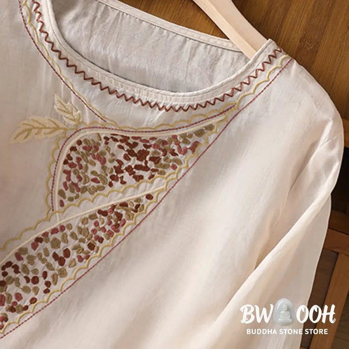Buddha Stones Ethnic Embroidery Crew Neck Cotton Linen Pullover Clothing - Women’s Shirts