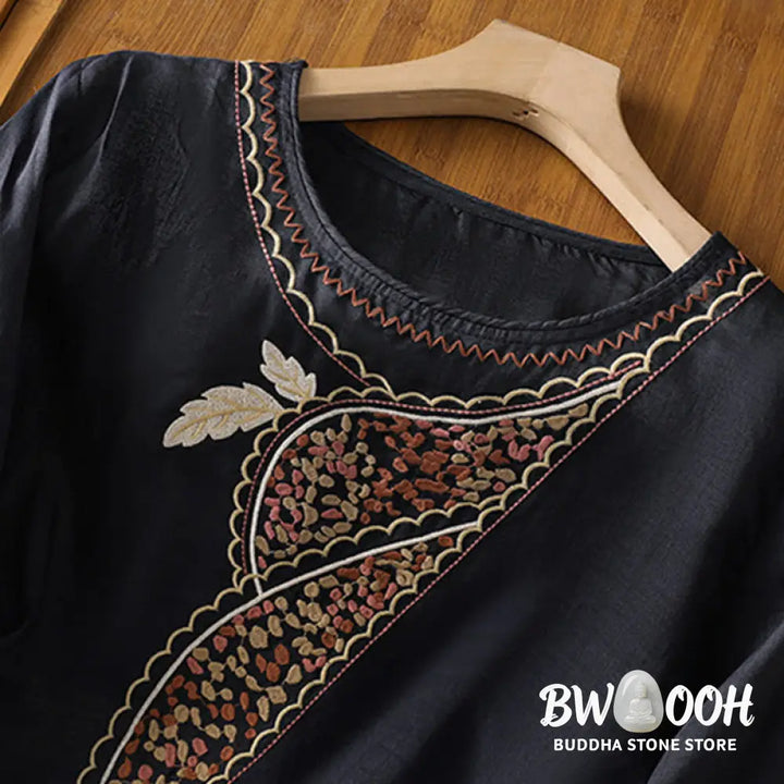 Buddha Stones Ethnic Embroidery Crew Neck Cotton Linen Pullover Clothing - Women’s Shirts