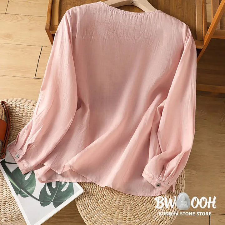 Buddha Stones Ethnic Embroidery Crew Neck Cotton Linen Pullover Clothing - Women’s Shirts