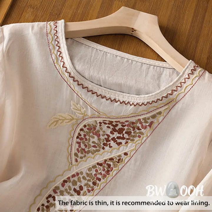 Buddha Stones Ethnic Embroidery Crew Neck Cotton Linen Pullover Clothing - Women’s Shirts