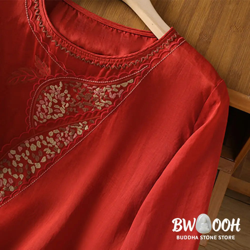 Buddha Stones Ethnic Embroidery Crew Neck Cotton Linen Pullover Clothing - Women’s Shirts