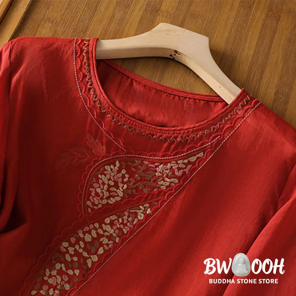 Buddha Stones Ethnic Embroidery Crew Neck Cotton Linen Pullover Clothing - Women’s Shirts