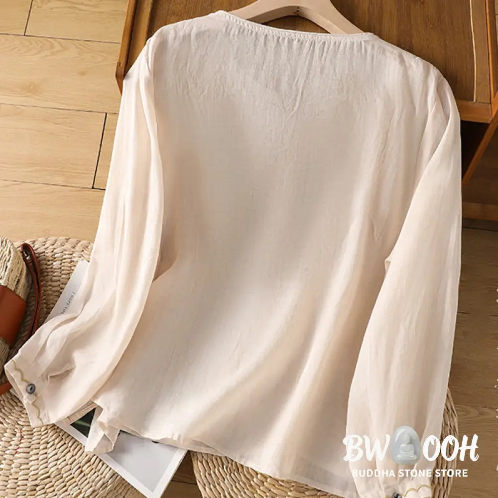 Buddha Stones Ethnic Embroidery Crew Neck Cotton Linen Pullover Clothing - Women’s Shirts