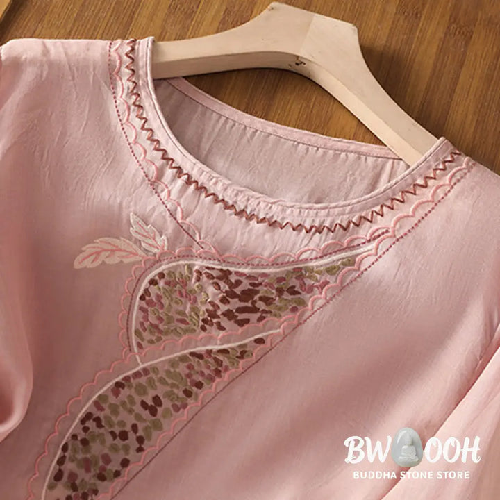 Buddha Stones Ethnic Embroidery Crew Neck Cotton Linen Pullover Clothing - Women’s Shirts