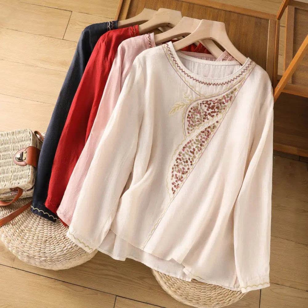 BWOOOH Ethnic Embroidery Crew Neck Cotton Linen Pullover 