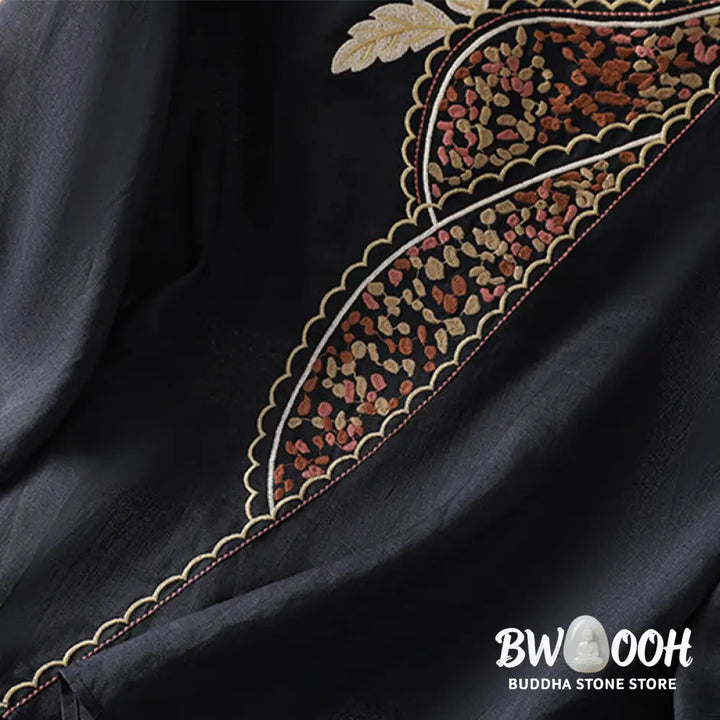 Buddha Stones Ethnic Embroidery Crew Neck Cotton Linen Pullover Clothing - Women’s Shirts
