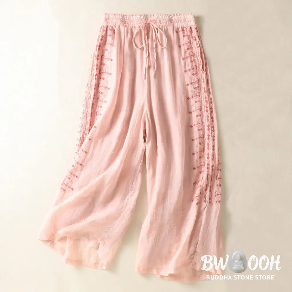 Buddha Stones Ethnic Embroidery Drawstring Cotton Linen Women’s High Waist Wide Leg Pants With Pockets - Women’s Wide