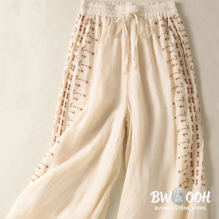 Buddha Stones Ethnic Embroidery Drawstring Cotton Linen Women’s High Waist Wide Leg Pants With Pockets - Women’s Wide