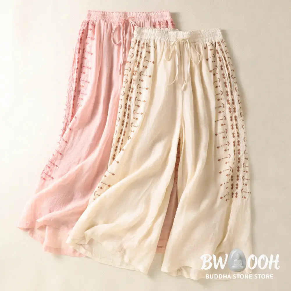Buddha Stones Ethnic Embroidery Drawstring Cotton Linen Women’s High Waist Wide Leg Pants With Pockets - Women’s Wide