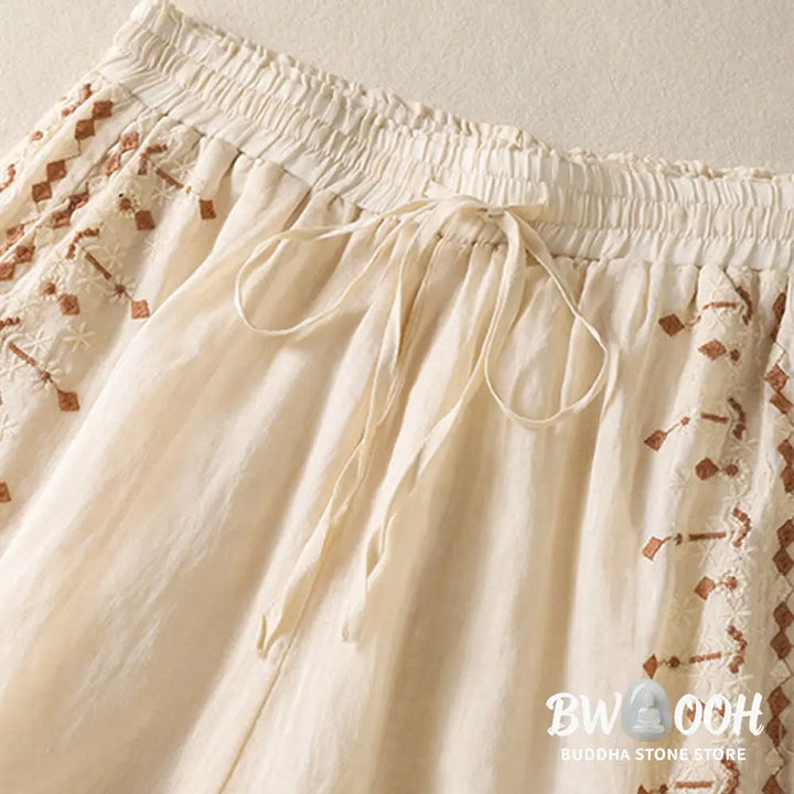 Buddha Stones Ethnic Embroidery Drawstring Cotton Linen Women’s High Waist Wide Leg Pants With Pockets - Women’s Wide
