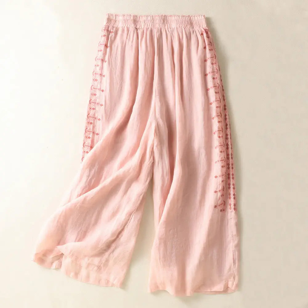 Buddha Stones Ethnic Embroidery Drawstring Cotton Linen Women’s High Waist Wide Leg Pants With Pockets - LightPink
