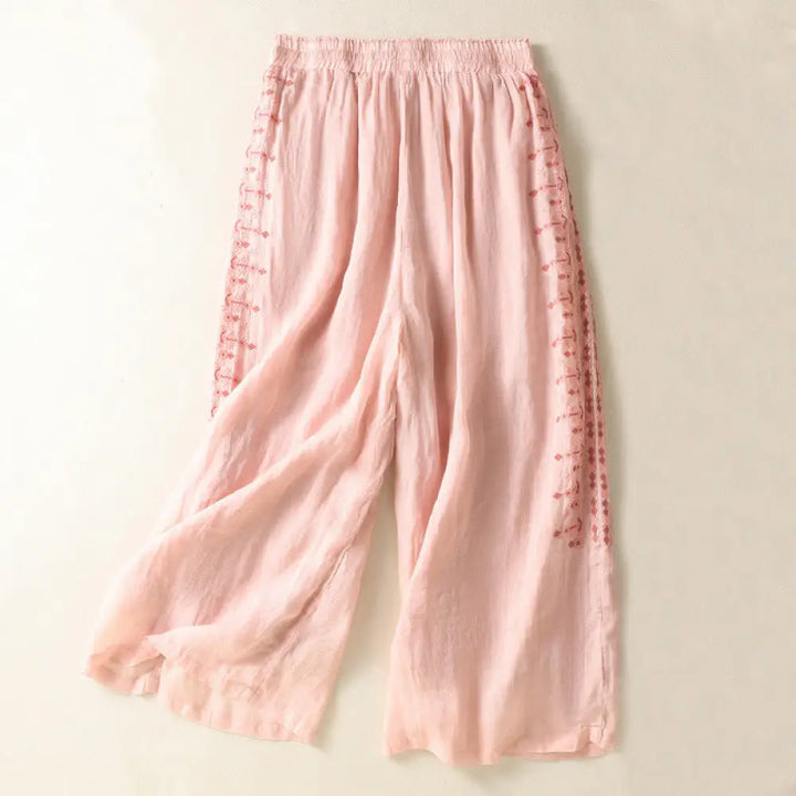 Buddha Stones Ethnic Embroidery Drawstring Cotton Linen Women’s High Waist Wide Leg Pants With Pockets - LightPink