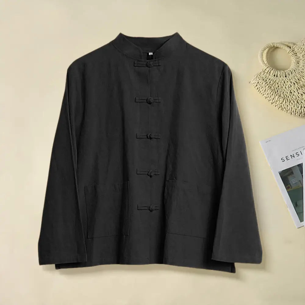Buddha Stones Ethnic Frog-Button Long Sleeve Stand Collar Women’s Cotton Shirt With Pockets - Black / US2，UK/AU6，EU34