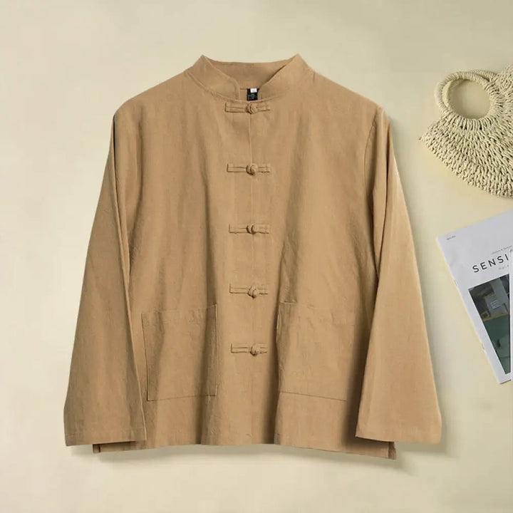 BWOOOH Ethnic Frog-Button Long Sleeve Stand Collar Women&
