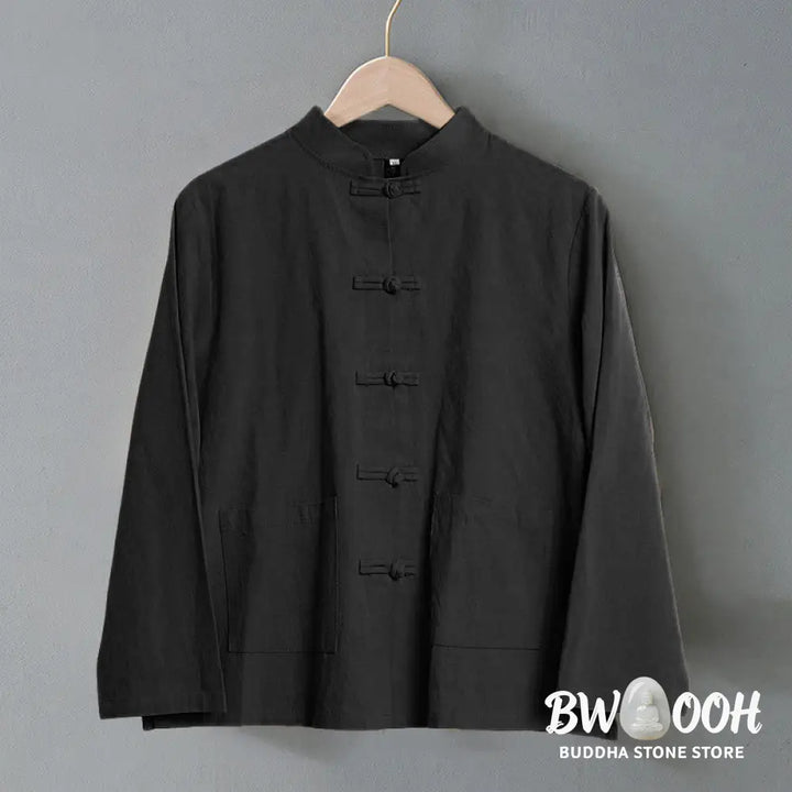 Buddha Stones Ethnic Frog-Button Long Sleeve Stand Collar Women’s Cotton Shirt With Pockets - Women’s Shirts