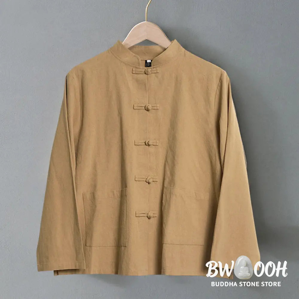 Buddha Stones Ethnic Frog-Button Long Sleeve Stand Collar Women’s Cotton Shirt With Pockets - Women’s Shirts