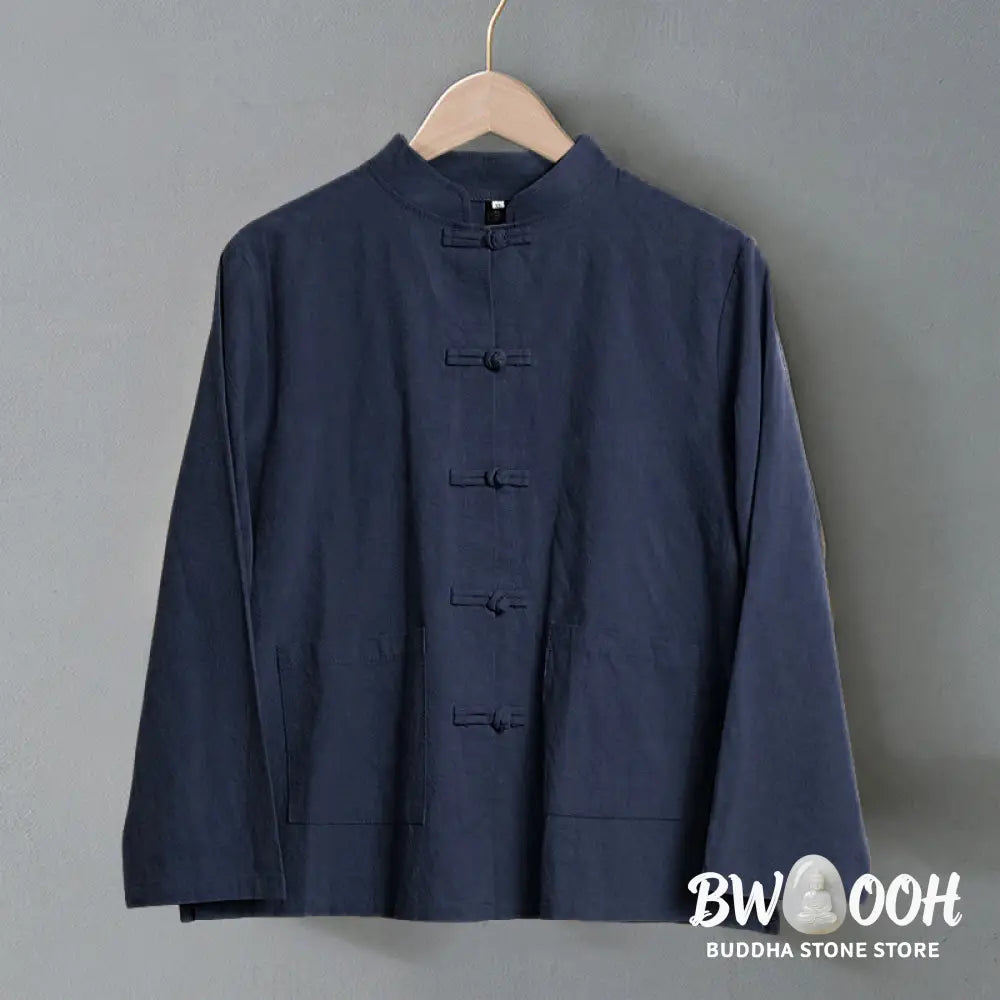Buddha Stones Ethnic Frog-Button Long Sleeve Stand Collar Women’s Cotton Shirt With Pockets - Women’s Shirts