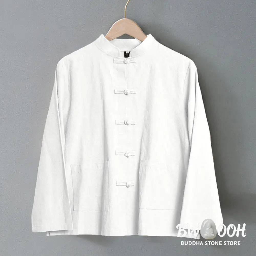 Buddha Stones Ethnic Frog-Button Long Sleeve Stand Collar Women’s Cotton Shirt With Pockets - Women’s Shirts