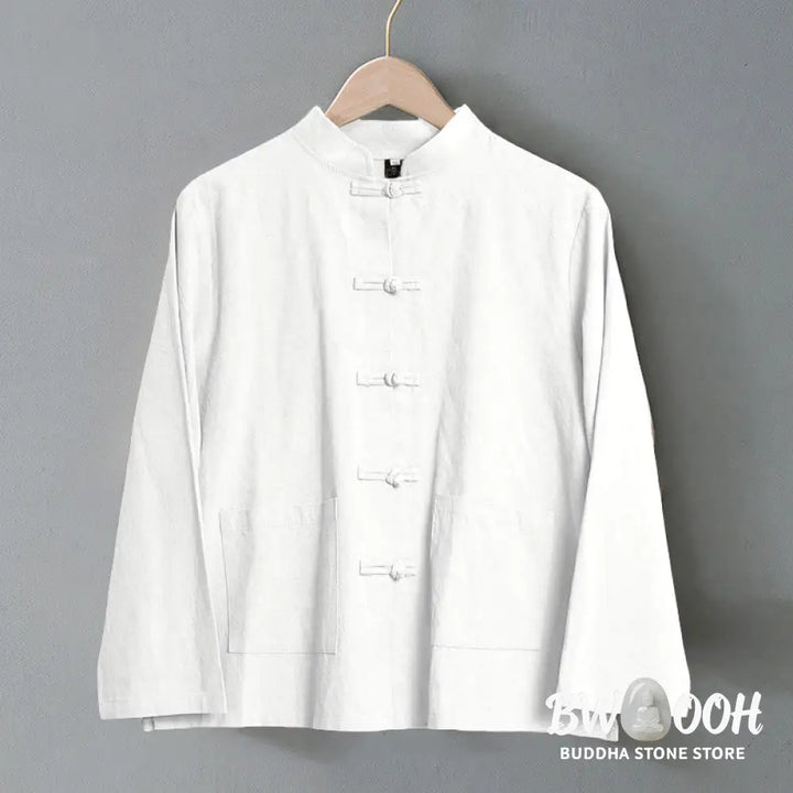 Buddha Stones Ethnic Frog-Button Long Sleeve Stand Collar Women’s Cotton Shirt With Pockets - Women’s Shirts