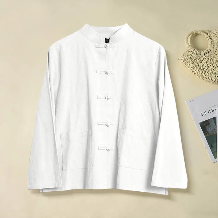 Buddha Stones Ethnic Frog-Button Long Sleeve Stand Collar Women’s Cotton Shirt With Pockets - White / US2，UK/AU6，EU34
