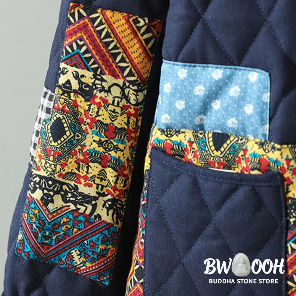 Buddha Stones Ethnic Frog-button Patchwork Women’s Thickened Cotton Long Sleeve Jacket With Pockets - Women’s Jacket