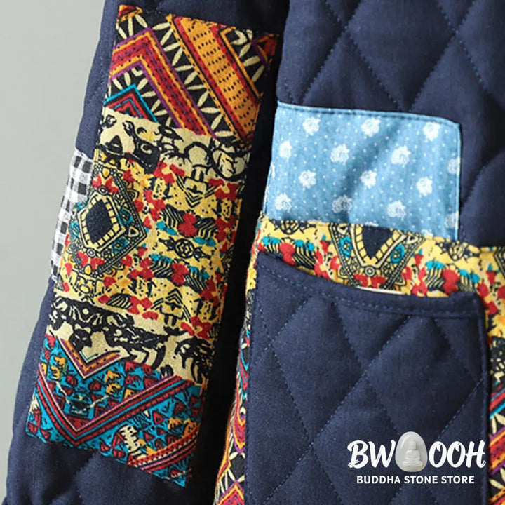 Buddha Stones Ethnic Frog-button Patchwork Women’s Thickened Cotton Long Sleeve Jacket With Pockets - Women’s Jacket