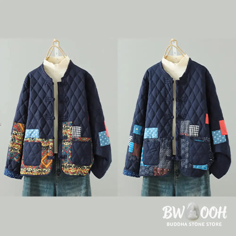 Buddha Stones Ethnic Frog-button Patchwork Women’s Thickened Cotton Long Sleeve Jacket With Pockets - Women’s Jacket