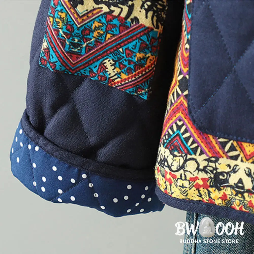 Buddha Stones Ethnic Frog-button Patchwork Women’s Thickened Cotton Long Sleeve Jacket With Pockets - Women’s Jacket
