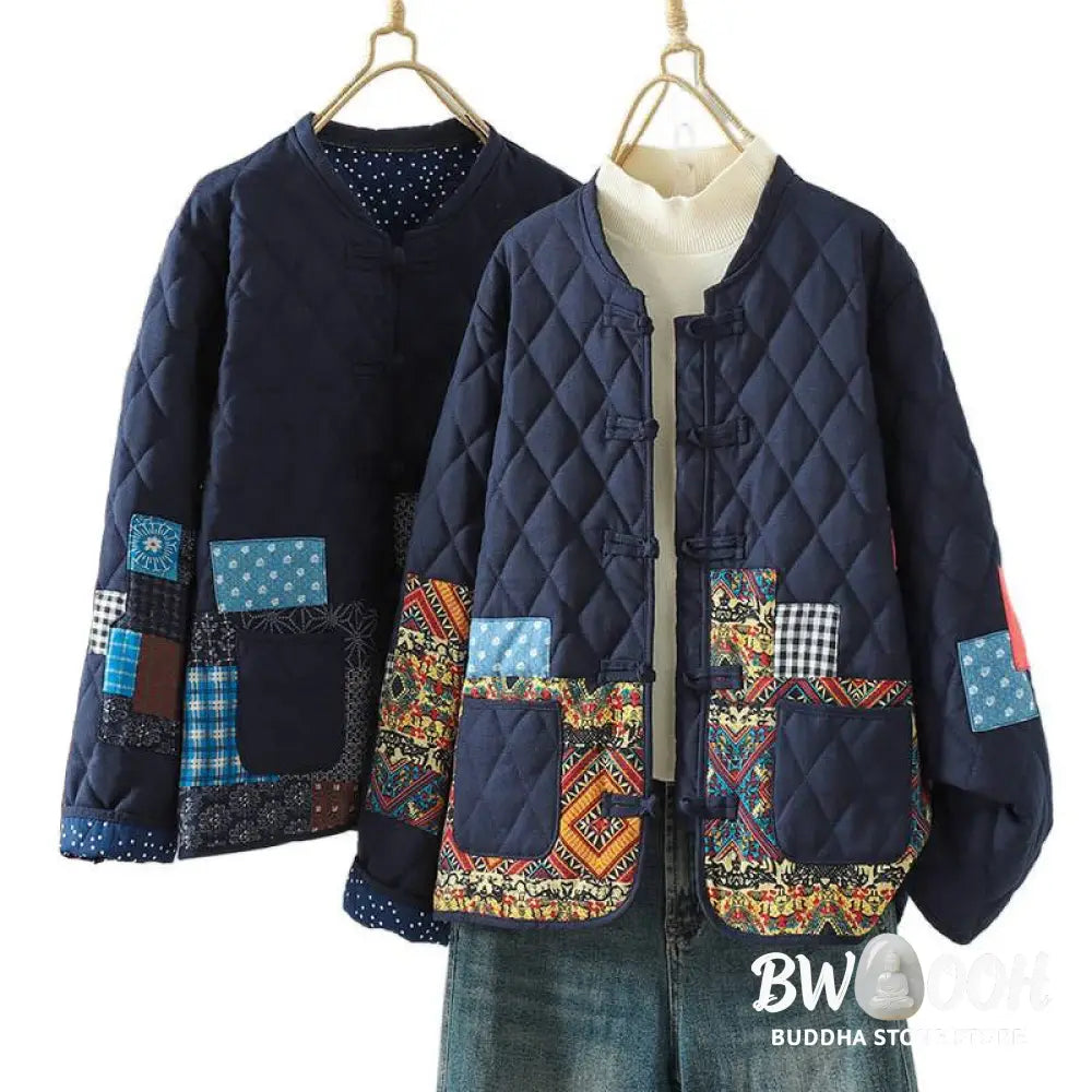 Buddha Stones Ethnic Frog-button Patchwork Women’s Thickened Cotton Long Sleeve Jacket With Pockets - Women’s Jacket