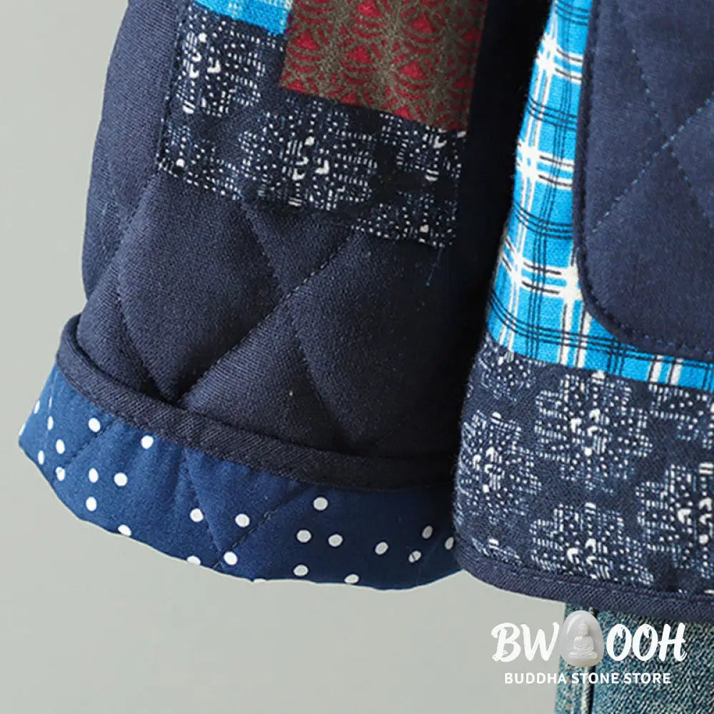 Buddha Stones Ethnic Frog-button Patchwork Women’s Thickened Cotton Long Sleeve Jacket With Pockets - Women’s Jacket