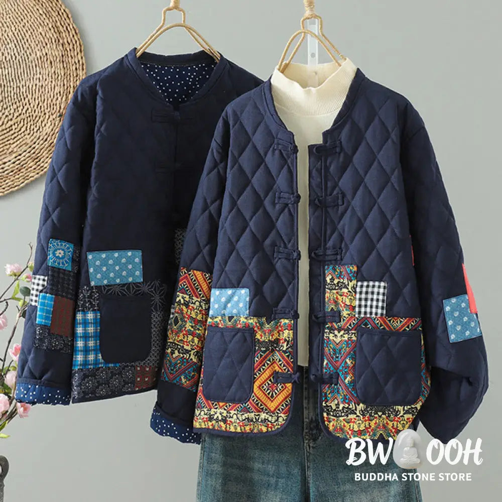 Buddha Stones Ethnic Frog-button Patchwork Women’s Thickened Cotton Long Sleeve Jacket With Pockets - Women’s Jacket