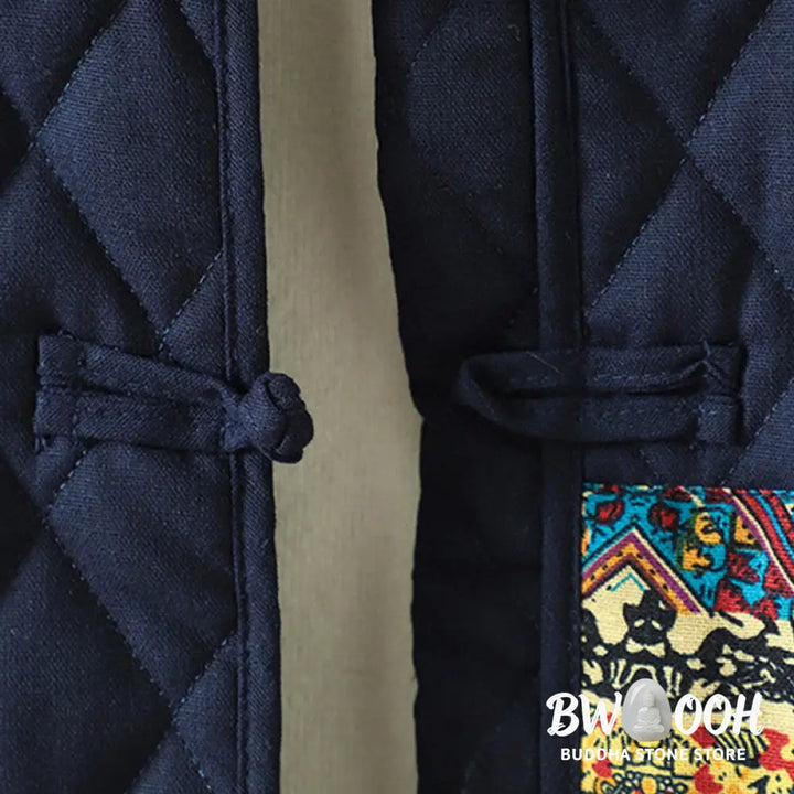 Buddha Stones Ethnic Frog-button Patchwork Women’s Thickened Cotton Long Sleeve Jacket With Pockets - Women’s Jacket