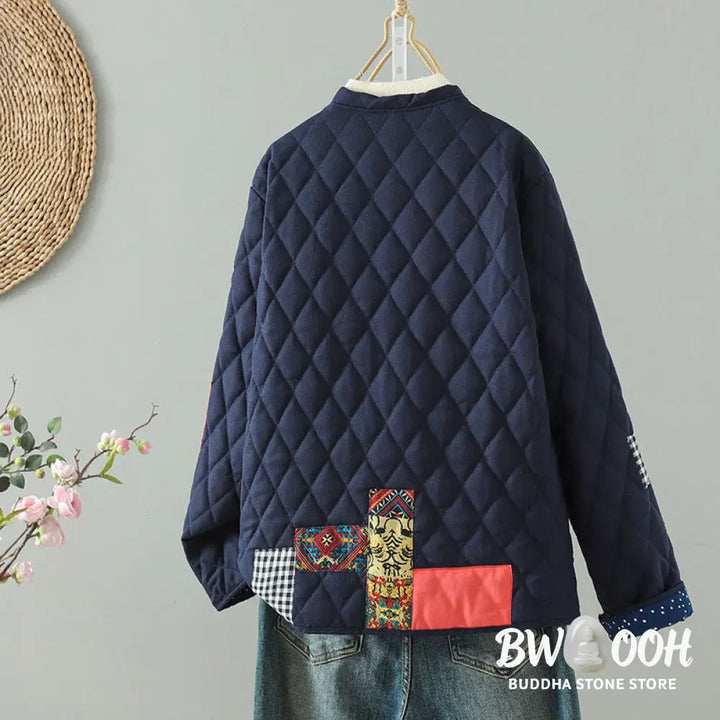Buddha Stones Ethnic Frog-button Patchwork Women’s Thickened Cotton Long Sleeve Jacket With Pockets - Women’s Jacket
