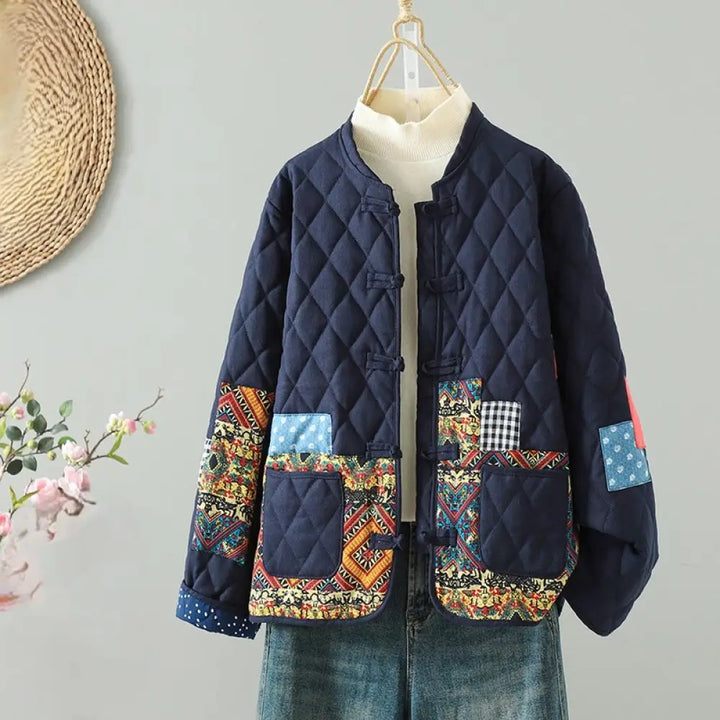 Buddha Stones Ethnic Frog-button Patchwork Women’s Thickened Cotton Long Sleeve Jacket With Pockets - Yellow Floral