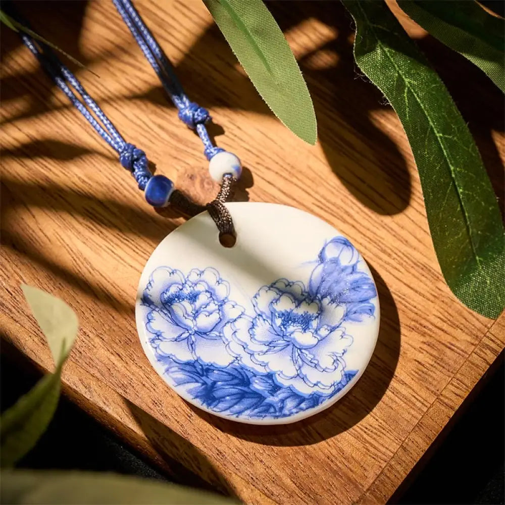 Buddha Stones Ethnic Peony Peach Blossoms Lotus Symbol Ceramics Necklace Enlightenment Pendant - BWOOOH - Blooming